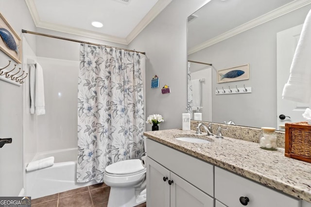 full bathroom featuring toilet, vanity, tile patterned floors, and ornamental molding