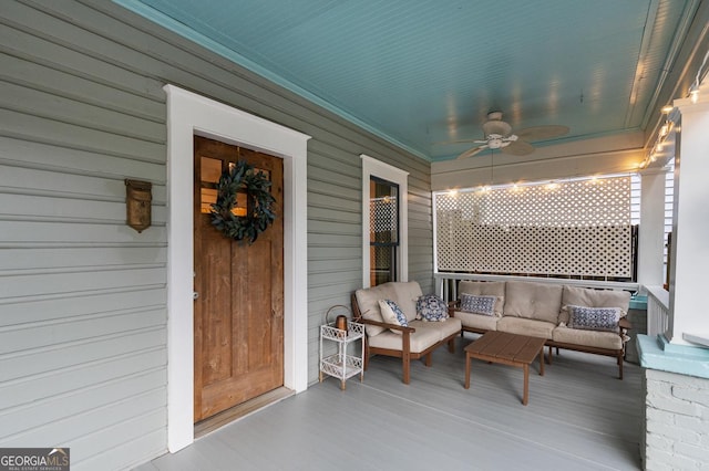 view of patio with covered porch, an outdoor hangout area, and ceiling fan