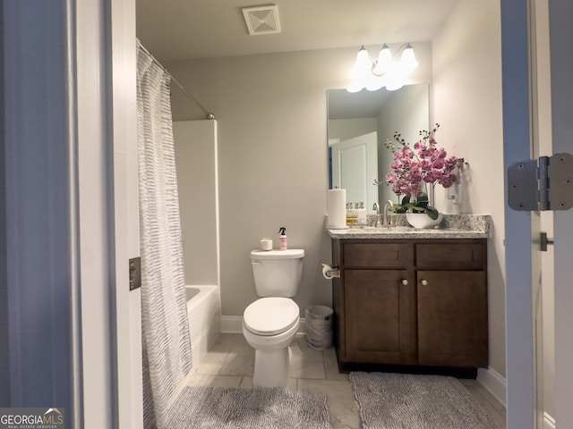 full bathroom with toilet, shower / bathtub combination with curtain, tile patterned floors, and vanity