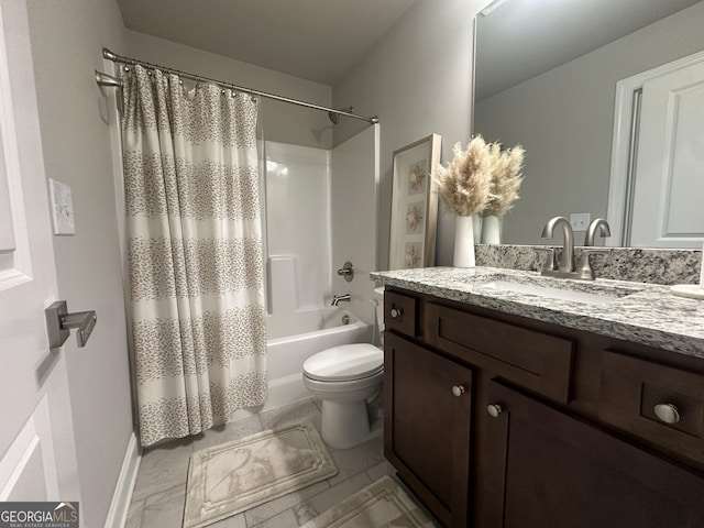 full bathroom with toilet, shower / tub combo, and vanity