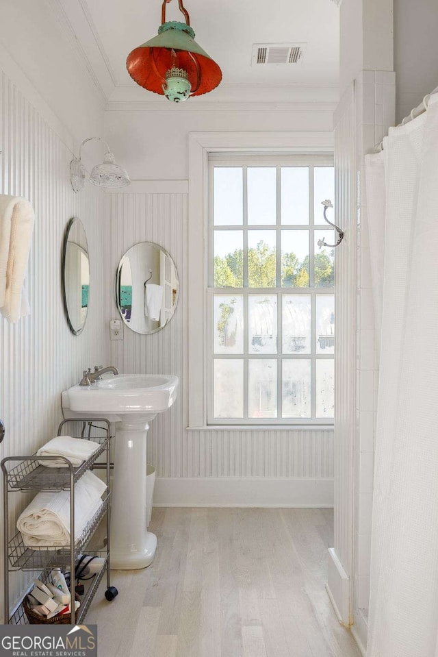 bathroom with plenty of natural light, crown molding, hardwood / wood-style flooring, and sink