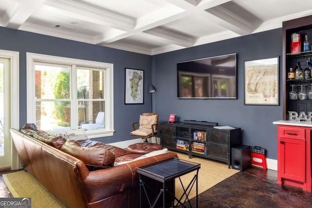 living room featuring ornamental molding, beamed ceiling, and coffered ceiling