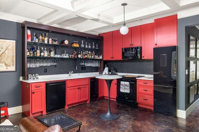 interior space featuring black appliances, sink, beamed ceiling, coffered ceiling, and hanging light fixtures