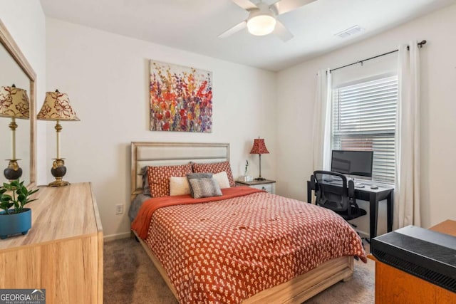 carpeted bedroom with ceiling fan