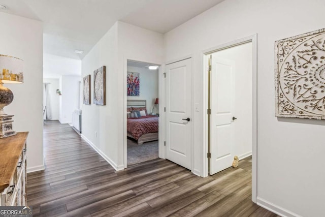 corridor with dark hardwood / wood-style flooring