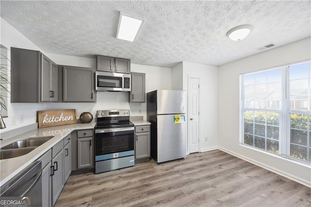 kitchen featuring light hardwood / wood-style floors, appliances with stainless steel finishes, gray cabinetry, a textured ceiling, and sink