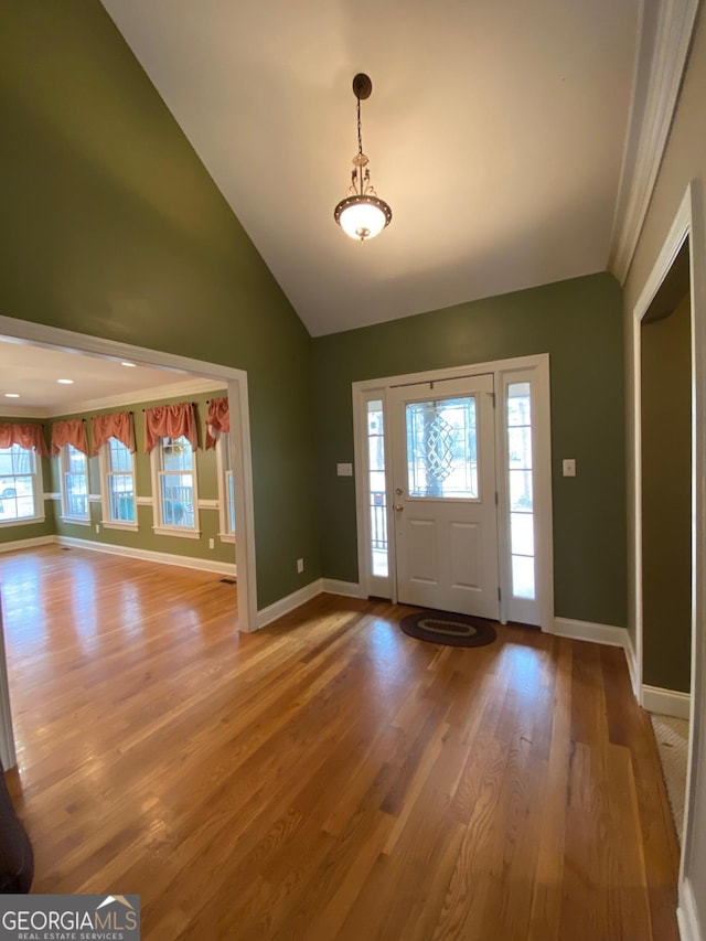 entrance foyer with wood-type flooring, lofted ceiling, and a wealth of natural light