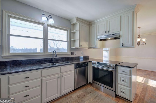 kitchen with light hardwood / wood-style floors, sink, white cabinets, and stainless steel appliances