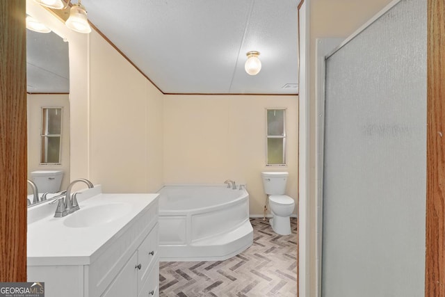 full bathroom featuring toilet, vanity, and shower with separate bathtub