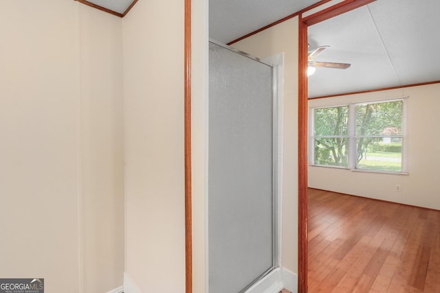 bathroom with ceiling fan, hardwood / wood-style floors, and walk in shower