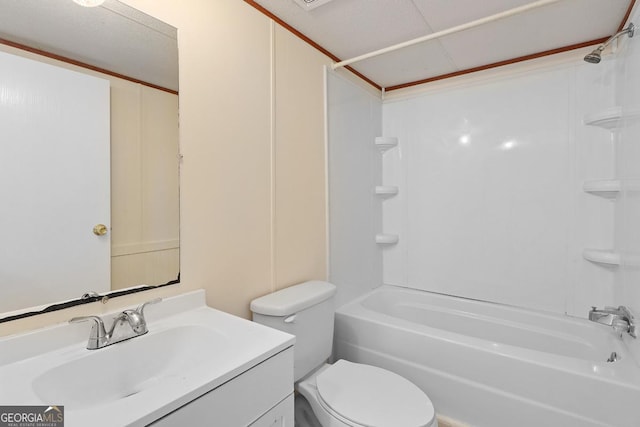 full bathroom with toilet, bathing tub / shower combination, and vanity