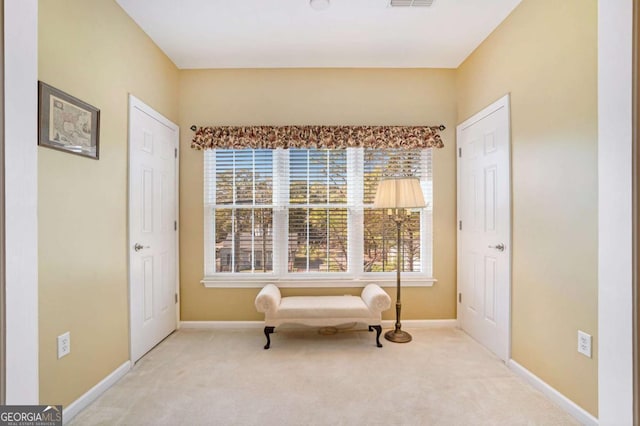 living area featuring light colored carpet and a healthy amount of sunlight