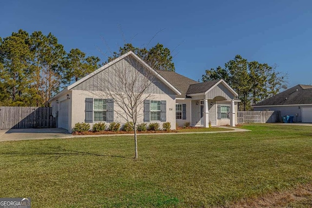 ranch-style house with a front yard and a garage