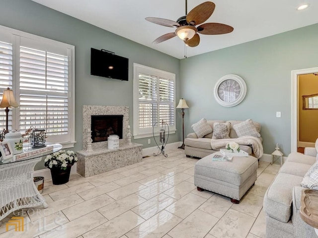 living room with ceiling fan