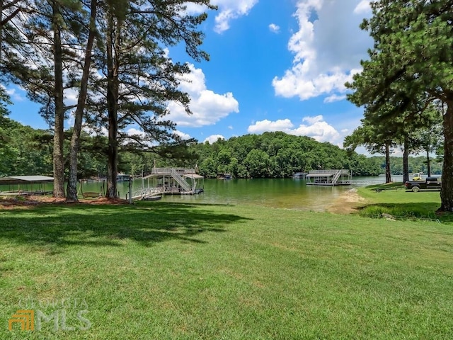 view of yard with a water view and a boat dock