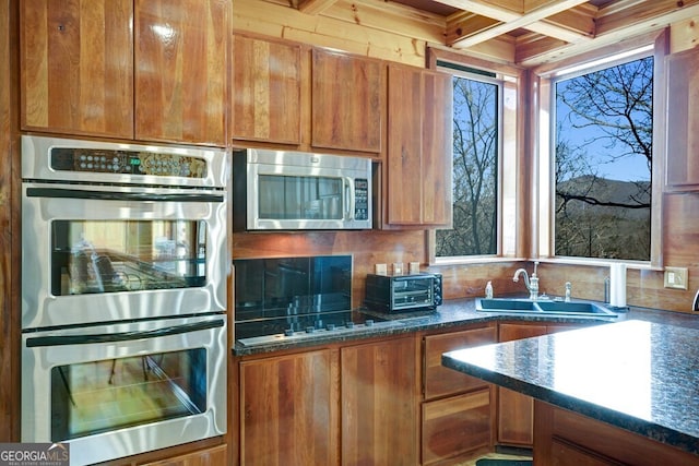 kitchen featuring sink, appliances with stainless steel finishes, and dark stone countertops