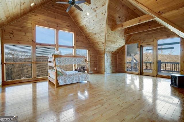 bonus room featuring hardwood / wood-style flooring, wooden walls, and wooden ceiling