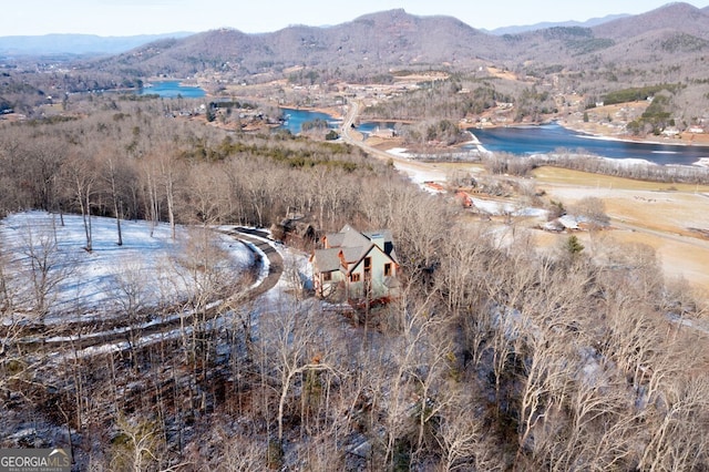 bird's eye view featuring a water and mountain view