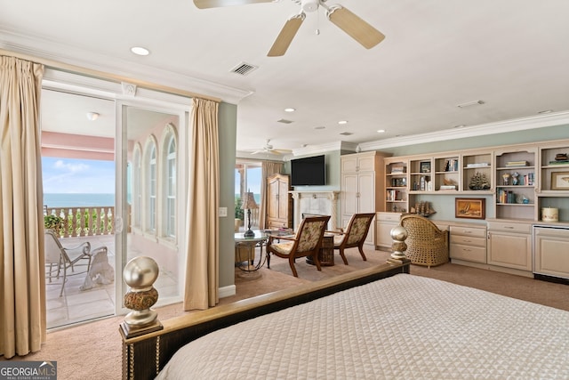bedroom with access to outside, light carpet, and crown molding
