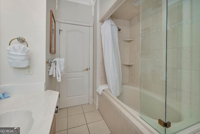 bathroom featuring tile patterned floors, vanity, and shower / tub combo with curtain