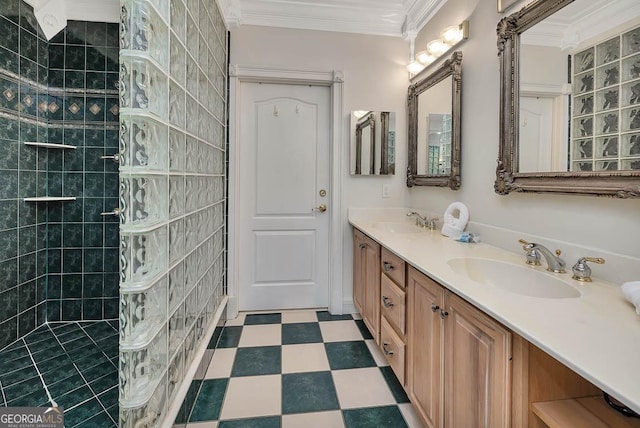 bathroom featuring walk in shower, vanity, and crown molding