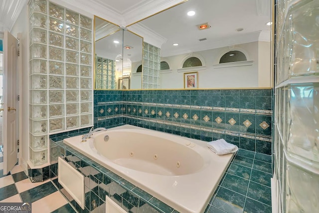 bathroom featuring tiled bath, ornamental molding, and tile walls