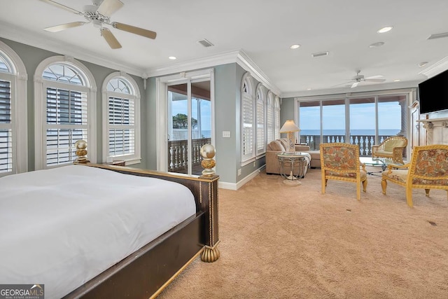 bedroom with access to outside, light colored carpet, ceiling fan, and ornamental molding