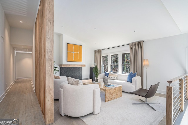 living room with vaulted ceiling and wood-type flooring