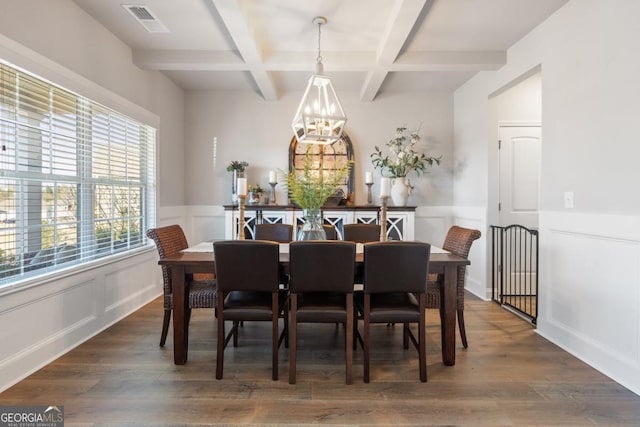 dining area featuring beam ceiling, dark hardwood / wood-style floors, an inviting chandelier, and coffered ceiling