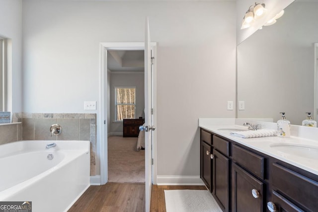 bathroom with a bathtub, hardwood / wood-style floors, and vanity