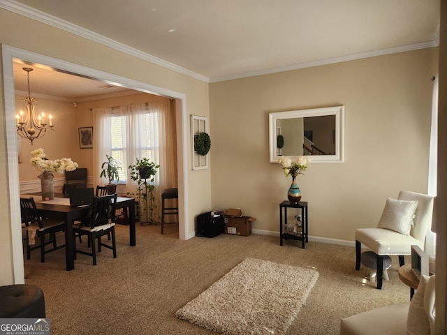 interior space featuring carpet floors, an inviting chandelier, and crown molding