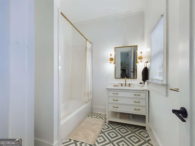 bathroom featuring vanity and shower / bath combo with shower curtain