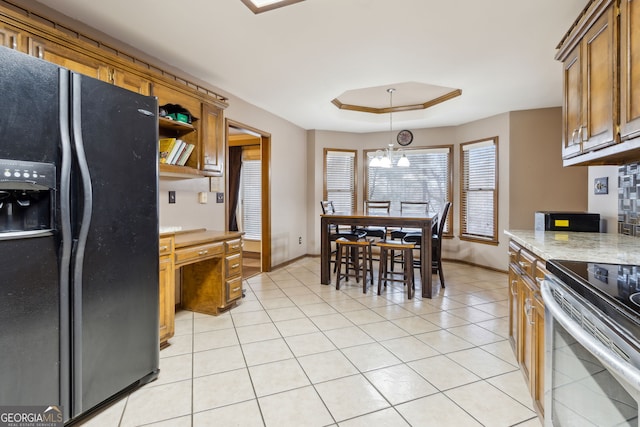 kitchen with stainless steel electric range oven, black fridge with ice dispenser, light tile patterned flooring, and an inviting chandelier