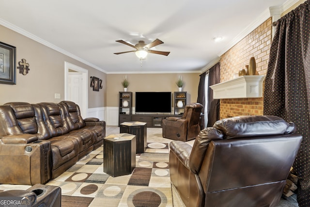 carpeted living room with ceiling fan and ornamental molding