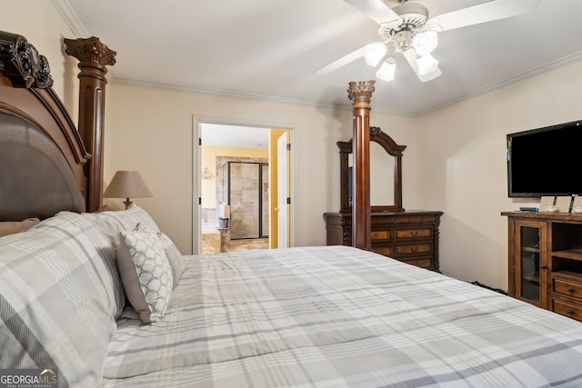 bedroom with ensuite bath, ceiling fan, and crown molding