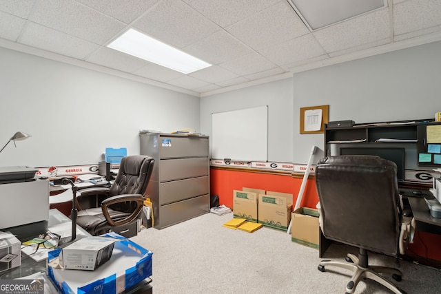 carpeted office with a drop ceiling and crown molding