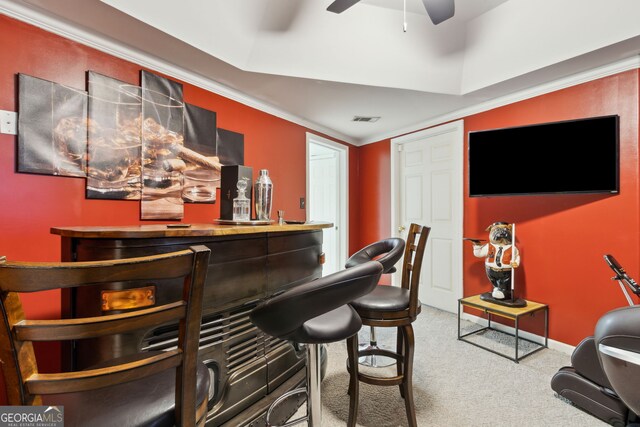 bar featuring ceiling fan, a raised ceiling, crown molding, and carpet flooring