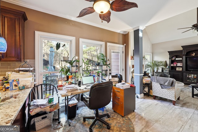 office with decorative columns, ornamental molding, ceiling fan, and vaulted ceiling