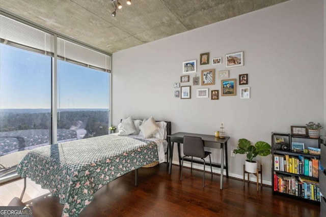 bedroom featuring floor to ceiling windows and hardwood / wood-style floors