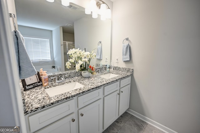 bathroom with plus walk in shower and vanity