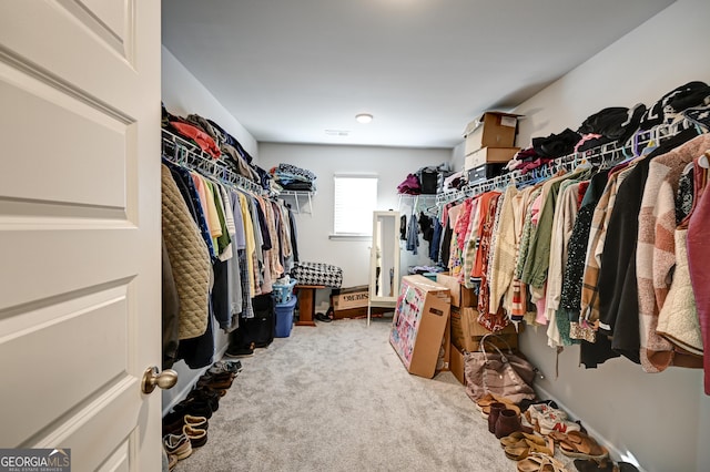 spacious closet featuring light carpet