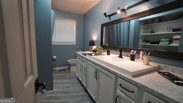 bathroom featuring toilet, hardwood / wood-style floors, and vanity