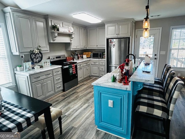 kitchen featuring decorative light fixtures, light hardwood / wood-style floors, a center island with sink, gray cabinetry, and stainless steel appliances