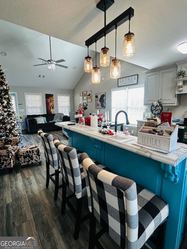 kitchen with lofted ceiling, decorative light fixtures, a healthy amount of sunlight, dark hardwood / wood-style floors, and a breakfast bar area