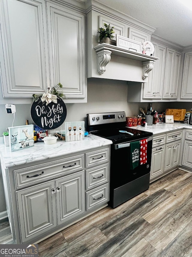 kitchen with wood-type flooring and electric range