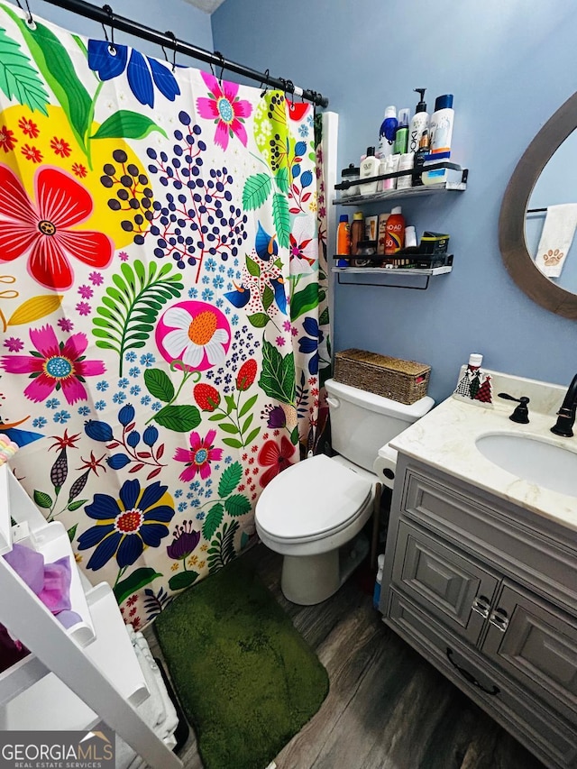 bathroom with toilet, hardwood / wood-style flooring, and vanity