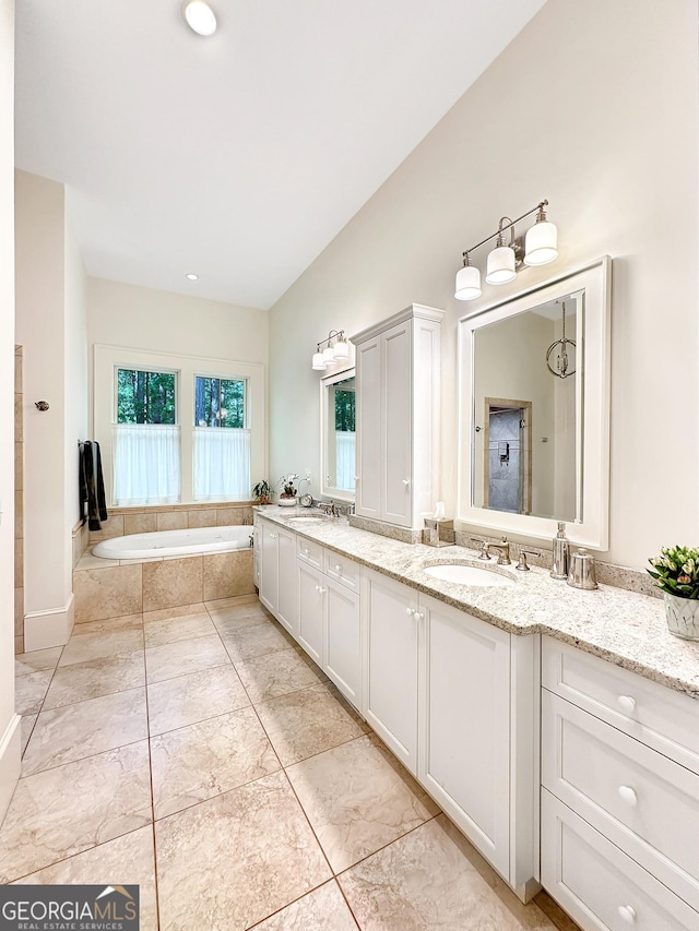 bathroom featuring vanity and separate shower and tub