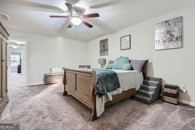 bedroom featuring carpet floors and ceiling fan