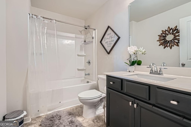 full bathroom with shower / bath combination with curtain, vanity, and toilet