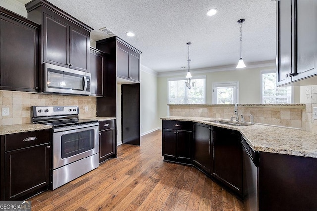 kitchen with backsplash, sink, hanging light fixtures, a healthy amount of sunlight, and appliances with stainless steel finishes